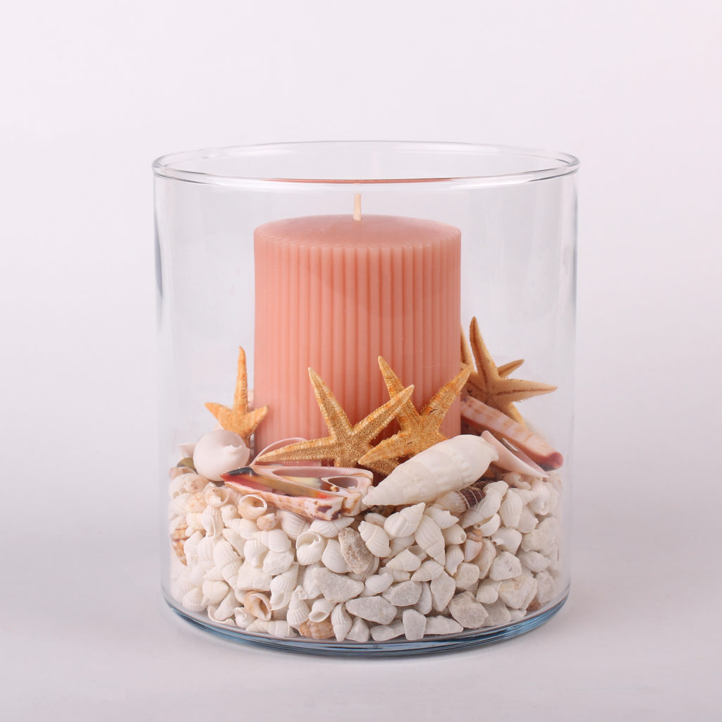 Миниатюра Розовая свеча с ракушками в стекле 2